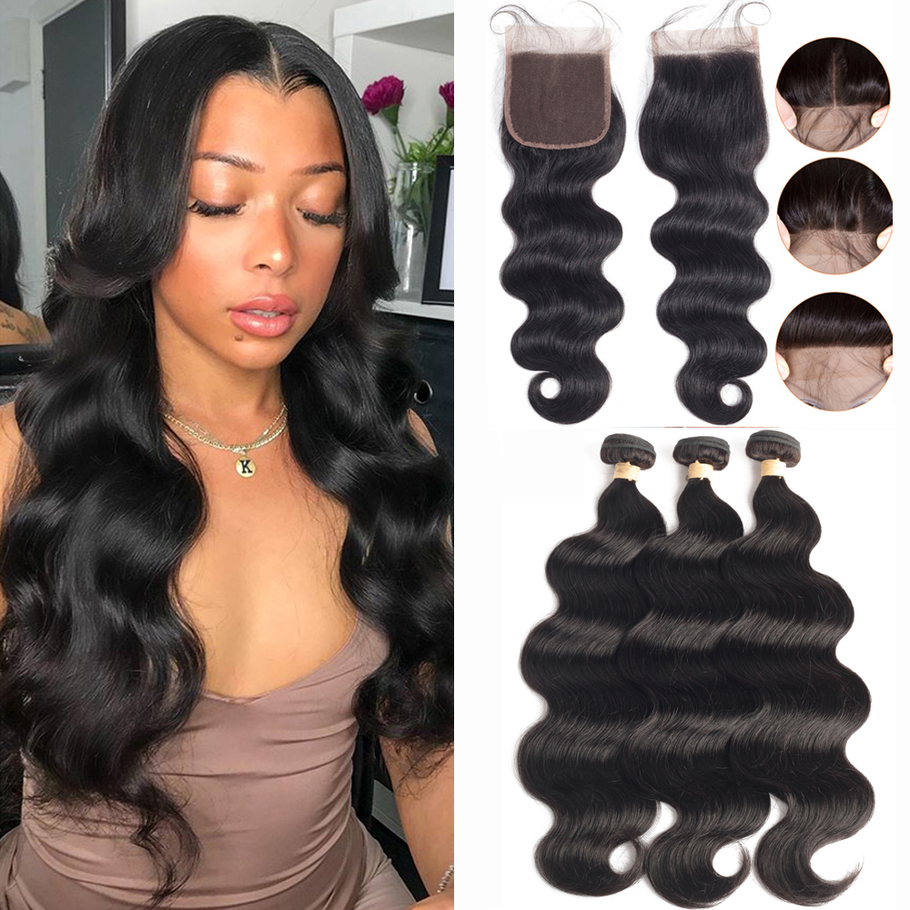 Brazilian Body Wave Virgin Hair 3 Bundles with 4X4 Lace Closure