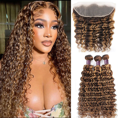 Highlight P4/27 Deep wave 3 Bundles With 13x4 Transparent Lace Frontal Brazilian Hair