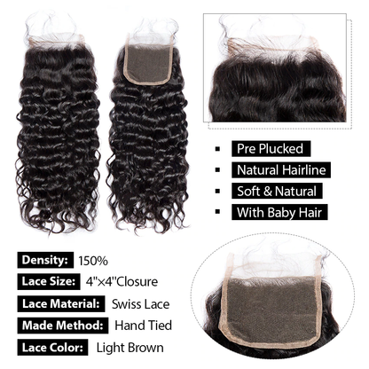 Water Wave 3 Bundles With 4x4 Lace Closure Brazilian Human Hair