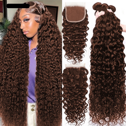 #4 Brown Water Wave 3 Bundles With 4X4 Lace Closure Human Hair Bundles Brazilain Unprocessed Virgin Hair Color #4 (No Code Need)
