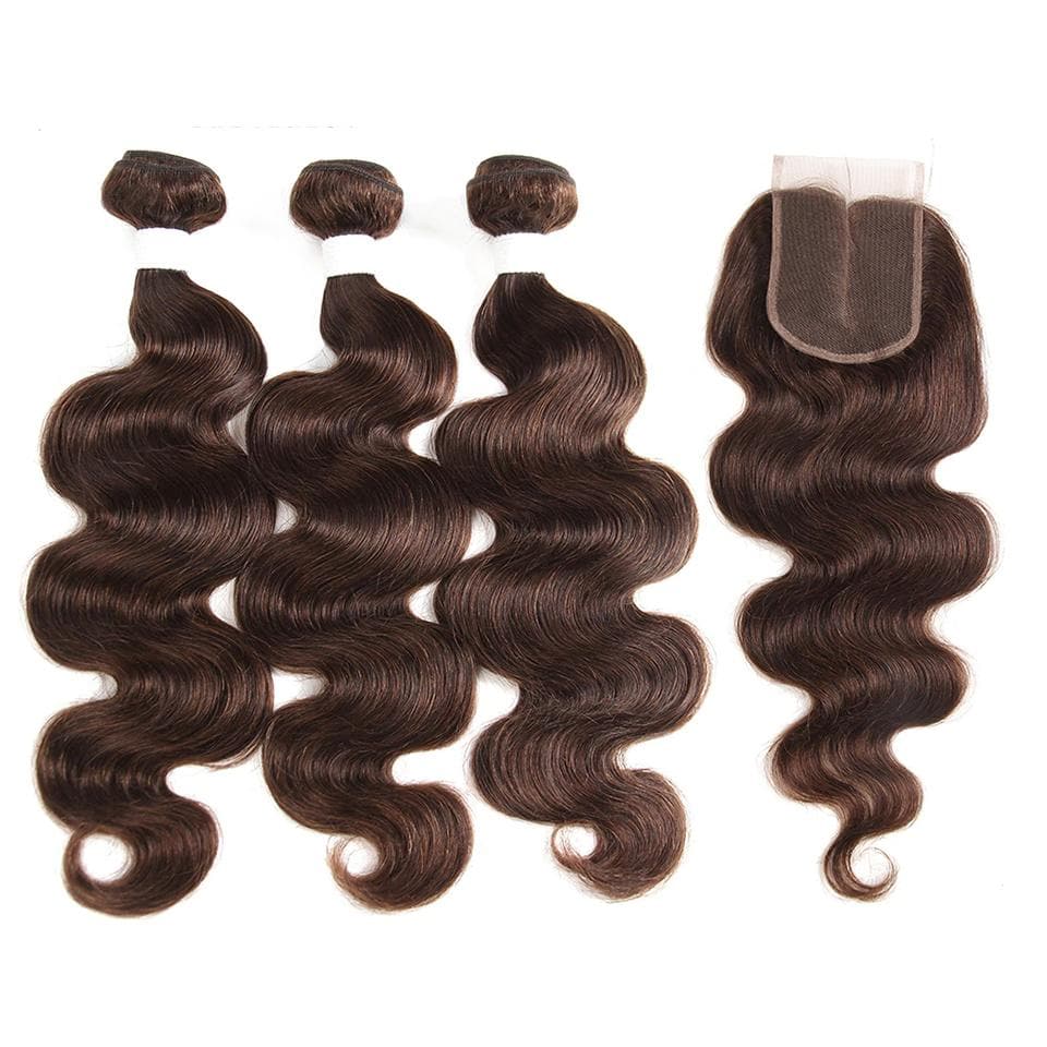 #4 Brown Body Wave 3 Bundles With 4X4 Lace Closure 100% virgin human hair