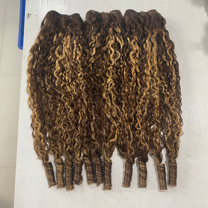 Highlight P4/27 Colored Burmese Curly 4 Bundles Pixie Curls Human Hair Bundles Ocean Spirals Curly