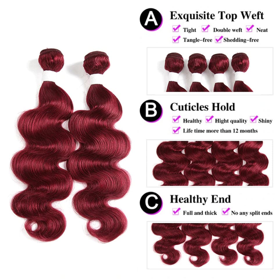 Red Bundles Burg body wave 4 Bundles 100% Virgin Human Hair Extension