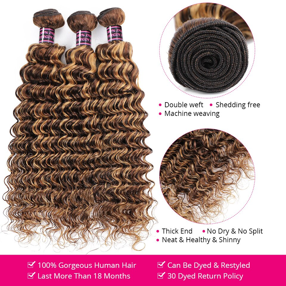 Highlight P4/27 Deep wave 3 Bundles With 13x4 Transparent Lace Frontal Brazilian Hair