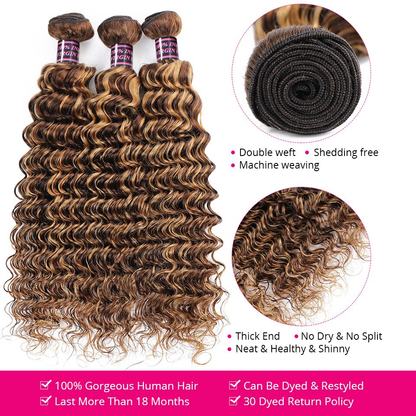 Highlight P4/27 Deep wave 3 Bundles With 13x4 Transparent Lace Frontal Brazilian Hair