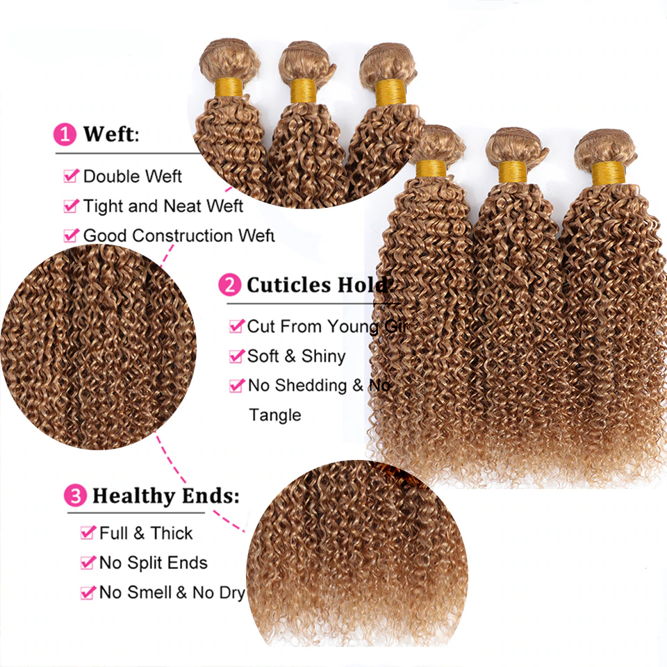 #27 Honey Blonde Kinky Curly 3 Bundles With 4X4 Lace Closure For Women Human Hair