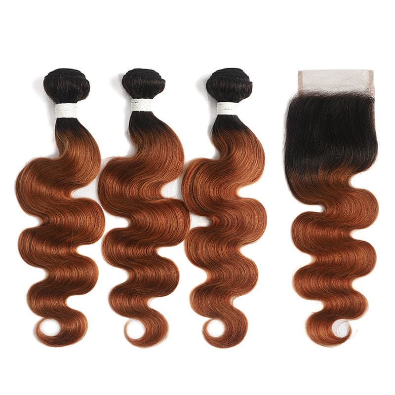 Ombre 1B/30 Body Wave 3 Bundles With Closure 4x4 pre Colored 100% virgin human hair