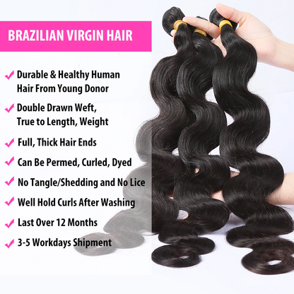 (B1) Body Wave Bundles Human Hair 3 Bundles Natural Black Color Brazilian Virgin Weave Bundles Hair Extensions