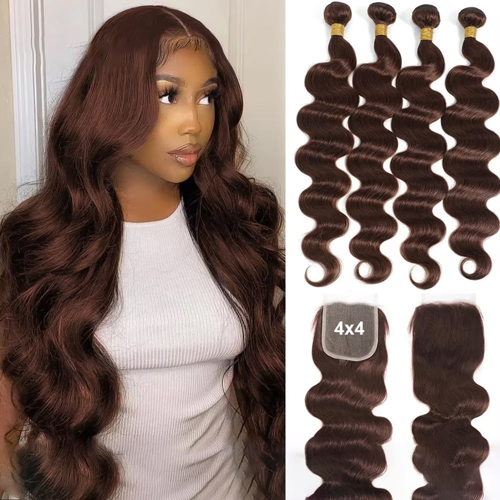 #4 Brown Body Wave 4 Bundles With 4x4 Lace Closure Pre Colored human hair